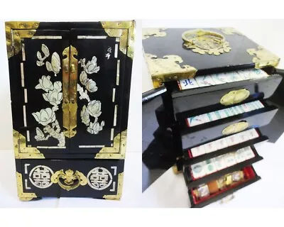 Bamboo & Oxen Bone Mah Jong Set In Outrageous  Chinese Wood Case 1920 • $395