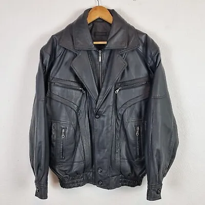 Vintage CANDA Leather Bomber Jacket Mens Medium Black Biker Casual Collared • $36.99