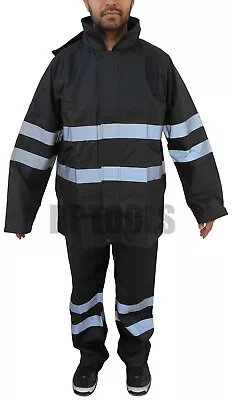 Black  Safety Rain-Suit Rain Jacket With Hoodie & Pants Reflective Waterproof • $37.99