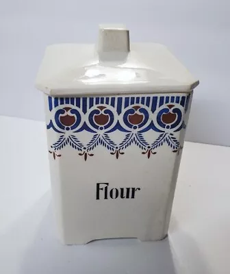 Vintage White German FLOUR Canister Jar With Lid Square Art Deco Designs • $24