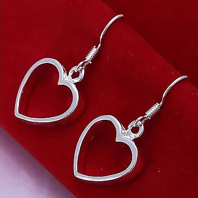 925 Sterling Silver Plated Heart Earrings Dangle Drop Hook Ladies Gift Love UK • £3.89