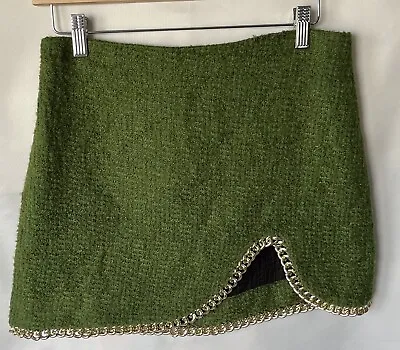 $17.50 • Buy ZARA Womens Medium Green Tweed Heavy Chain Hem Mini Skirt Back Zip Closure