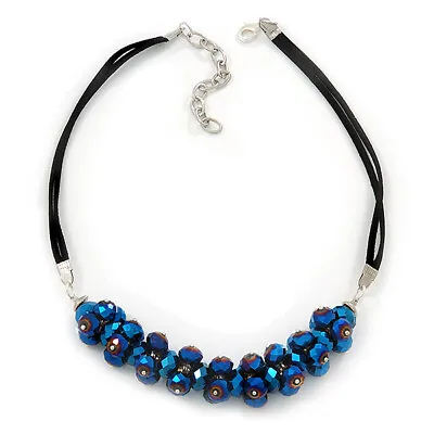 Chameleon Blue Cluster Glass Bead Black Suede Necklace In Silver Plating - 40cm • $14.30