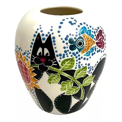 Vintage Pottery Vase Whimsical Cat In Garden Artist Signed By Gloria Mulder EUC! • $30