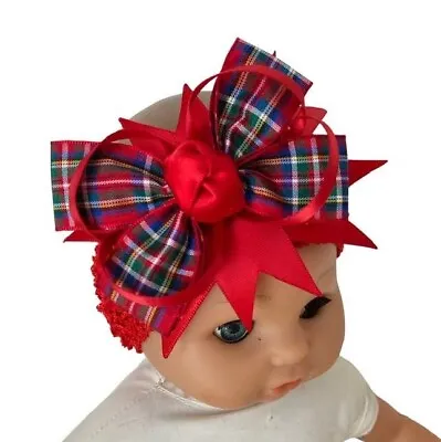 Headband Red Tartan Ribbon Hair Bow Baby New Born Christmas UK Seller 🇬🇧 • £2.75