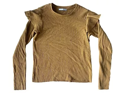 Zara Trafaluc Mustard Yellow Long Sleeve Ruffled Ribbed Blouse Top Girls 17-18 • £8.07