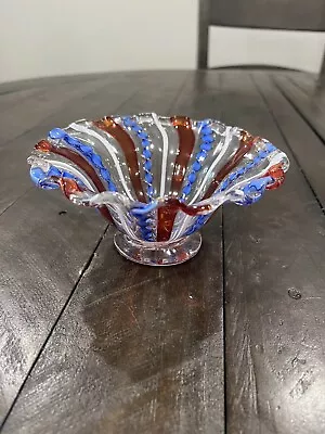 Murano Latticino Ribbon Art Glass Footed Bowl Blue Red White Gold Ruffled 5 1/4” • $79.99