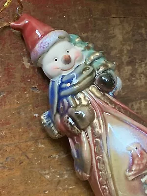 Vintage Snowman Bell Christmas Ornament Ceramic Pottery 5” Majolica • $10