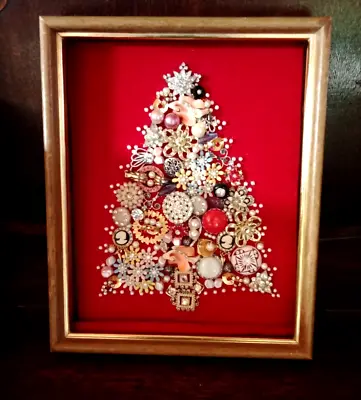 Vtg Ooak Framed Jewelry Art  Christmas Tree Pins Cameos Pearls +++  57 Nana  • $49.99