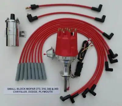 Small Cap MOPAR 318 340 360 HEI Distributor + RED Spark Plug Wires + CHROME COIL • $219.42