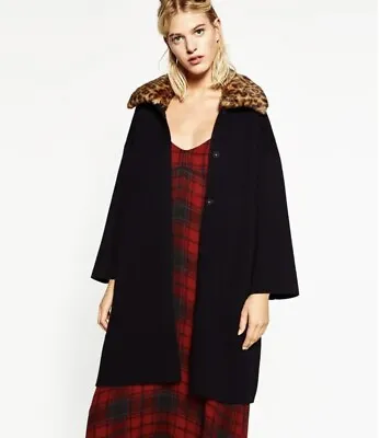 $48 • Buy ZARA Knit Cardigan Size M Leopard Faux Fur Collar Sweater Duster Jacket Coat EUC