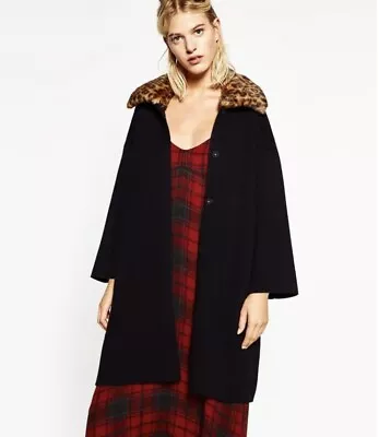 $48 • Buy ZARA Knit Cardigan Size M Leopard Faux Fur Collar Sweater Duster Jacket Coat EUC