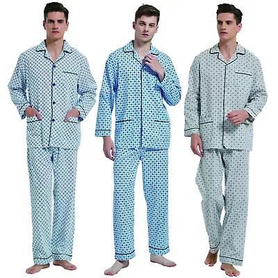 Men's 100% Cotton Pajamas Set Long Sleeve Button High Waist Nightwear Soft Pjs • $15.99