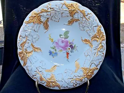 10 Meissen Bowl Rose Bouquet Center Gold & White Leaf Marked Blue Crossed Swords • $299.99