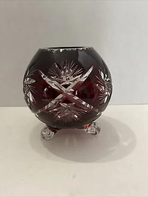 RUBY Red Cut To Clear Glass Vase 5  With 3 Feet • $79.95
