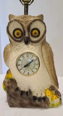 Vintage Mid Century Retro Owl Table Desk Lamp Clock Light Chalkware Chalk Ware • $145