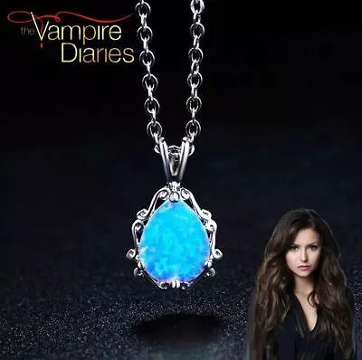 The Vampire Diaries Elena Gilbert Silver Plated Aqua Fire Opal Pendant & Chain • $11.31