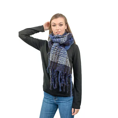 Navy Ladies Knitted Plaid Soft Scarf Blanket Winter Warm Wrap Extra Thick Shawl • £6.98