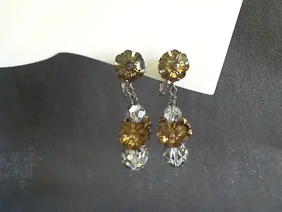 Vendome Flower Glass Crystal ? Earrings Clip On  Silver Tone Metal Dangle 1 Pair • $29.65