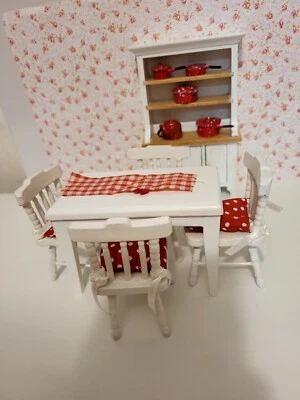 £14.25 • Buy Dolls House Kitchen 1:12  White Pine Dresser, Table, Chairs With Seat Pads +Pans