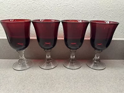 Set Of 4 Large Chalis Goblets Blood Red Clear Stem Vintage Deep Ruby Pre-Loved • $70