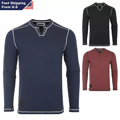 $28.50 • Buy ZIMEGO Men's Vintage Long Sleeve Notch V-Neck Contrast Seam Line Casual Henley