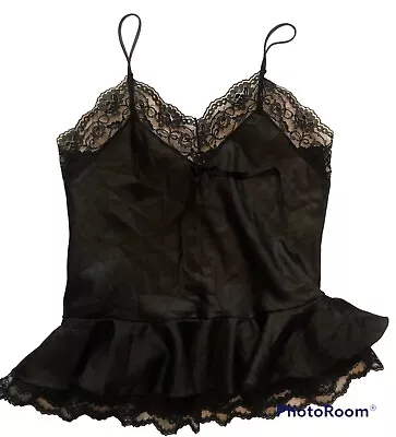 Vintage NOS Bliss Black Satin Shiny Camisole Peplum Hem Lace & Bow Trim Small • $12.22