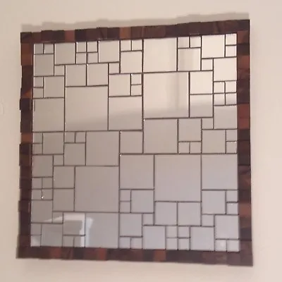 Hand-Made Mosaic Mirror Tile & Walnut Wood Block Square 3D Art Deco Wall Panel • £60