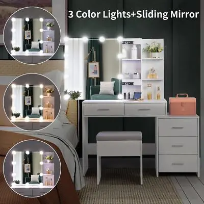 Dressing Table Vanity Set 10Led Bulbs Sliding Mirror Cabinet W/ 5 Drawer White • $175.99