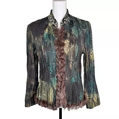 Vintage Fur Trim Jeweled Blazer Multicolor Size Medium Passion Concept • $48