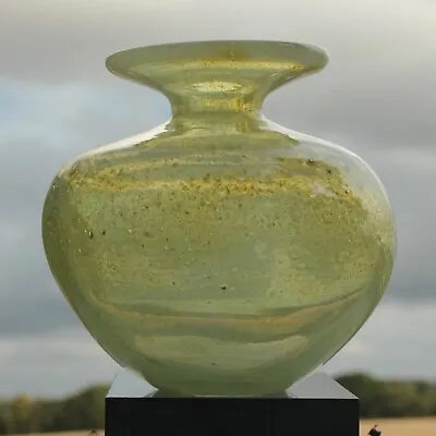 VINTAGE 1970's MDINA GLASS VASE SIGNED YELLOW BUBBLE INCLUSIONS • $76.37