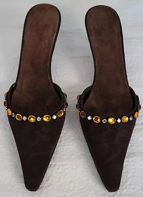 GIUSEPPE ZANOTTI 36.5 Vicini Embellished Moire Silk Mules Kitten Heels 6.5 • $98