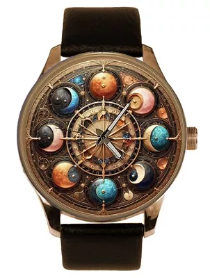 Phases Of The Moon Ancient Colors Lunar Cycle Surrealist Solid Brass Dress Watch • $129.99