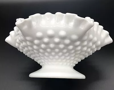 Vtg FENTON White Milk Glass Hobnail Pedestal Ruffle Top Bowl 7.75” Grandma • $12.70