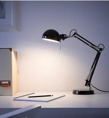 Ikea FORSA Work Table Desk Lamp Light - Gloss Black - Adjustable Arm Head New • £32.88