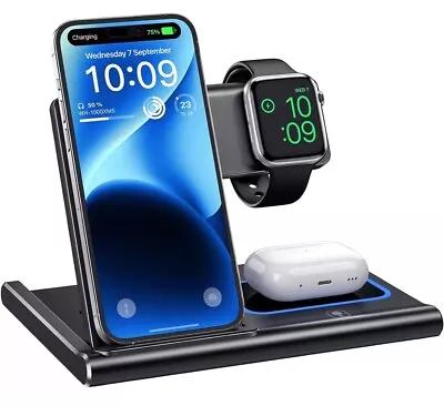 Wireless Charger 3 In 1 Wireless Charging Station Dock For IPhone Iwatch AirPods • £12.99