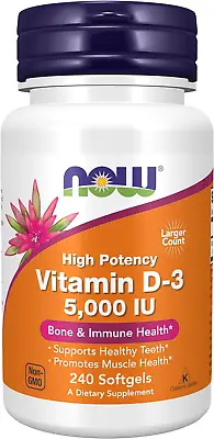 NOW Supplements Vitamin D-3 5000 IU High Potency Structural Support 240 Ct • $10.99