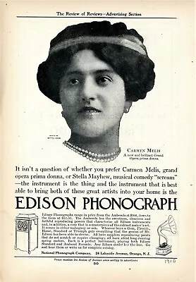 1910 Original Edison Phonograph Ad. Carmen Melis New Grand Opera Prima Donna • $7.99