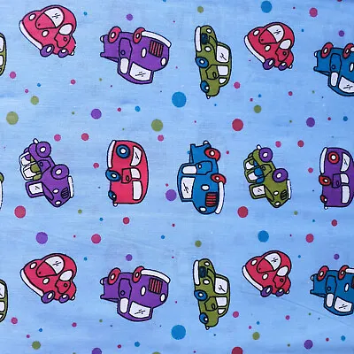 Retro Cars Dots On Blue Poly Cotton Fabric 58  By The Yard Vintage Car Print • $6