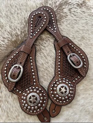 MENS Basketweave Tooled Leather Western Pair Of Spur Straps Texas Star Conchos  • $31.95