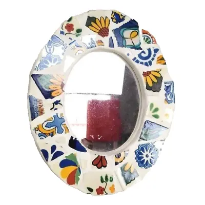 Mexican Ceramic Mosaic Oval Vintage Accent Mirror Colorful Mounting Wall Art • $166.25