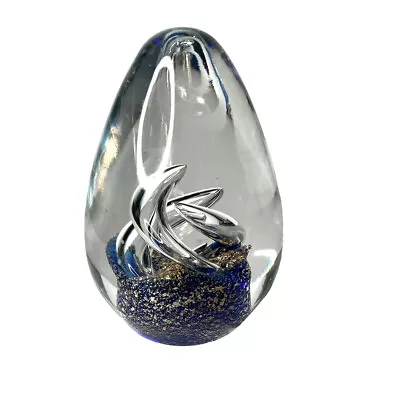 Large Murano Style Blown Glass Blue Gold Swirl Egg Paperweight • $25