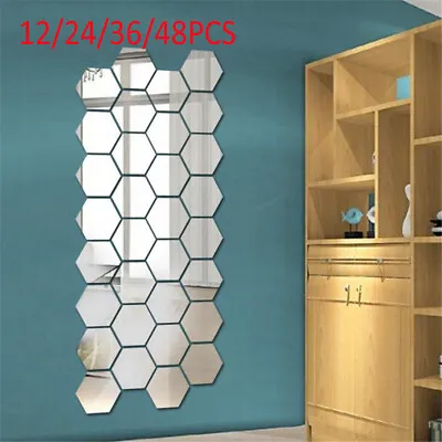 48pcs 3D Acrylic Mirror Tile Wall Sticker Self Adhesive Room Decor Stick On Wall • £0.99