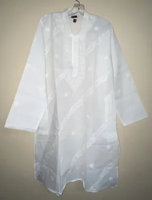 Womens Mens Cotton Tunic Dress White Embroidered Beach Fancy Kurta Shirt Top • £26.99