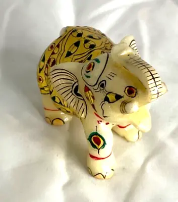 Elephant Hand Carved From White Marble & Hand Painted India Statue Figurine  • $25.07