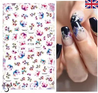 Floral Nail Art Stickers Transfers Decals Spring Flowers Yellow Blue Pink Nails • £2.89