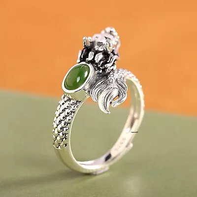 Solid 925 Sterling Silver Band Natural Jade Jasper Men Women Lucky Dragon Ring  • £30.15