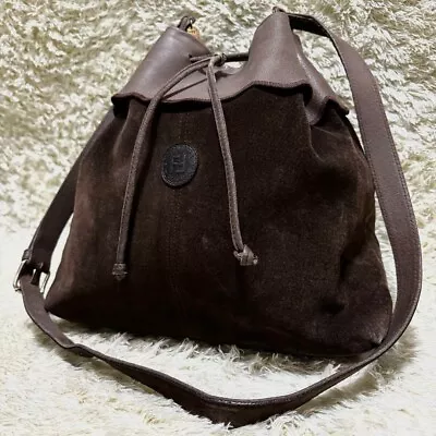 FENDI Vintage Suede Leather Bucket Shoulder Bag FF Logo Brown Drawstring 12.2  • $213