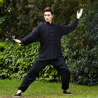 Unisex Chinese Clothing  Kung Fu Tai Chi Suit Set Plain Black Long Seleeve Gift • £40.99