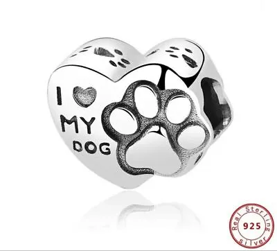 I Love My Dog Charm Paw Print Heart Genuine 925 Sterling Silver Charm Bead 💖 • £15.99